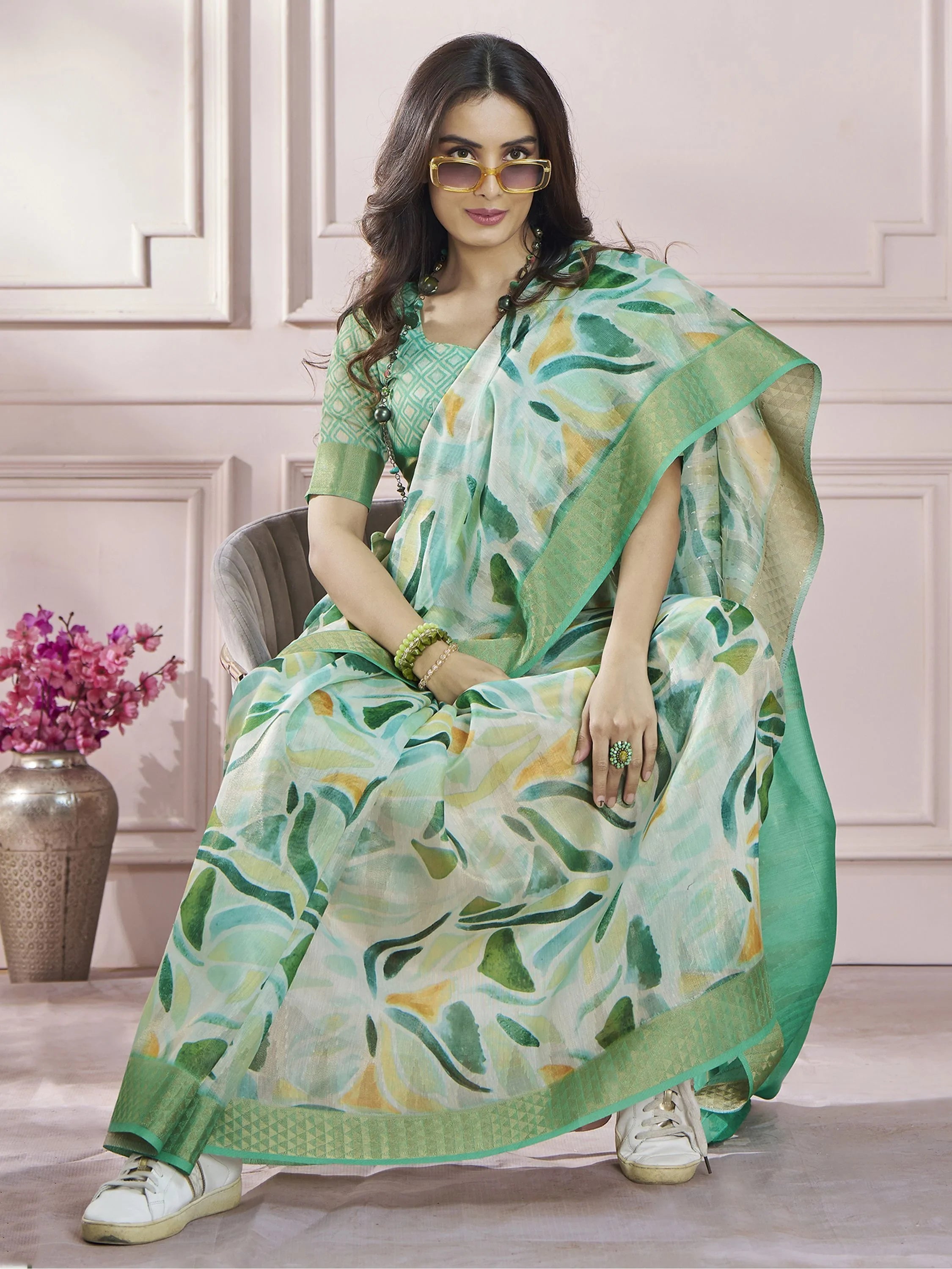 Adorable Green Digital Printed Silk Festival Wear Saree With Blouse