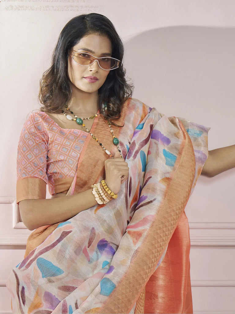 Glamorous Orange Digital Printed Silk Function Wear Saree With Blouse