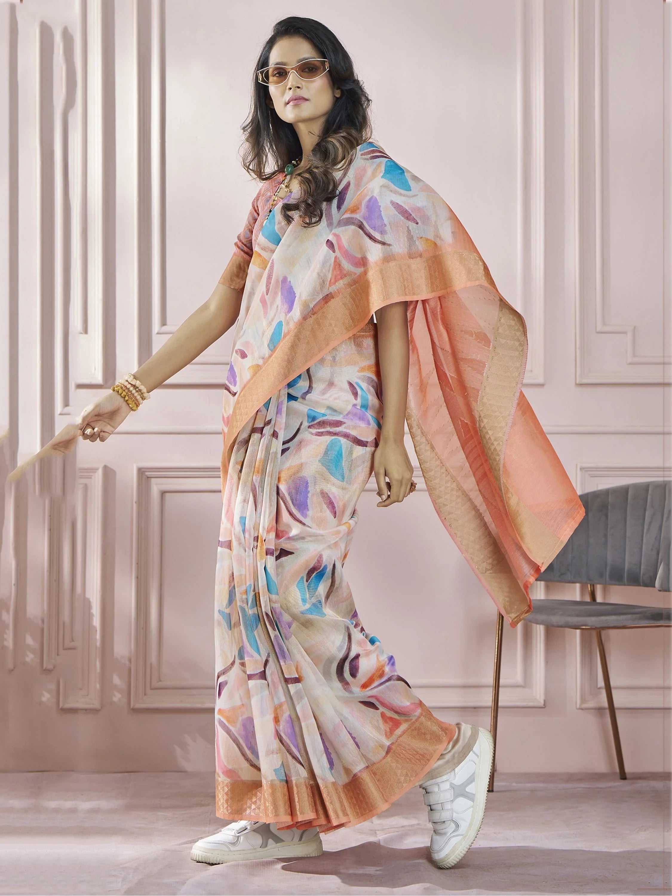 Glamorous Orange Digital Printed Silk Function Wear Saree With Blouse