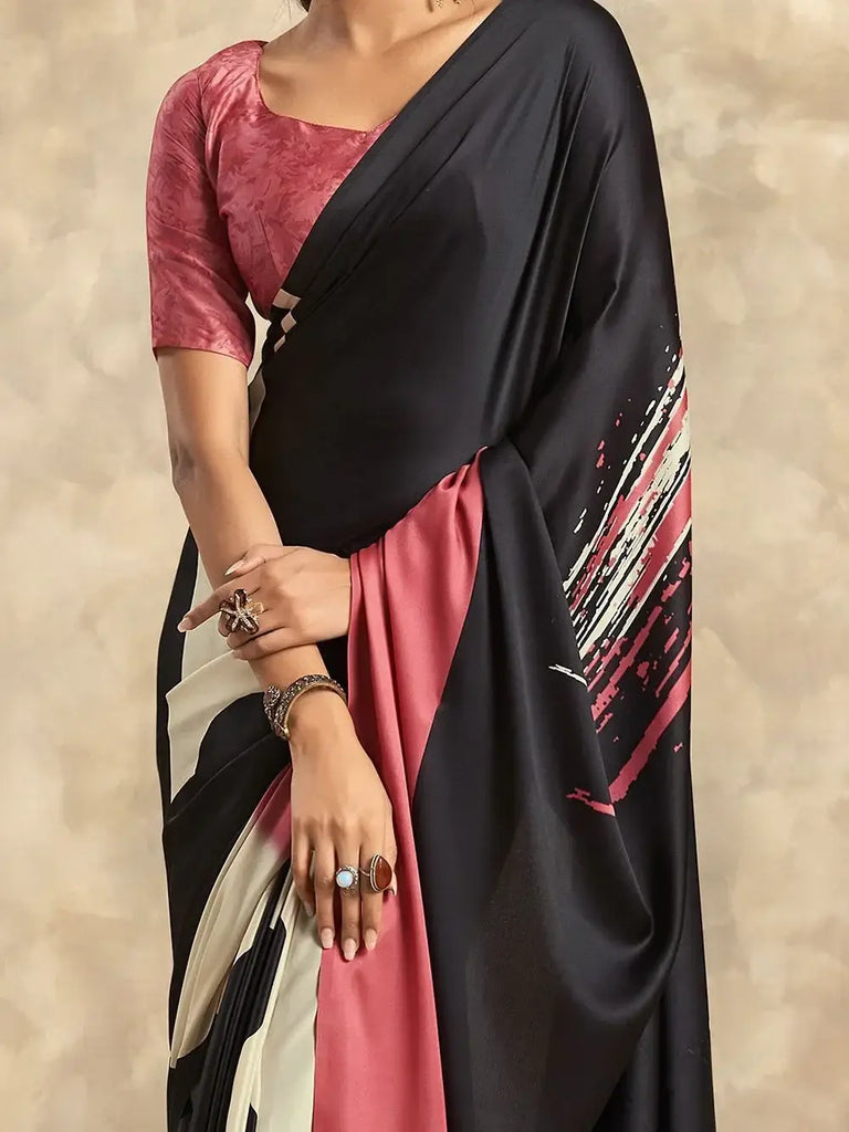 Dazzling Black Digital Printed Satin Party Wear Saree With Blouse