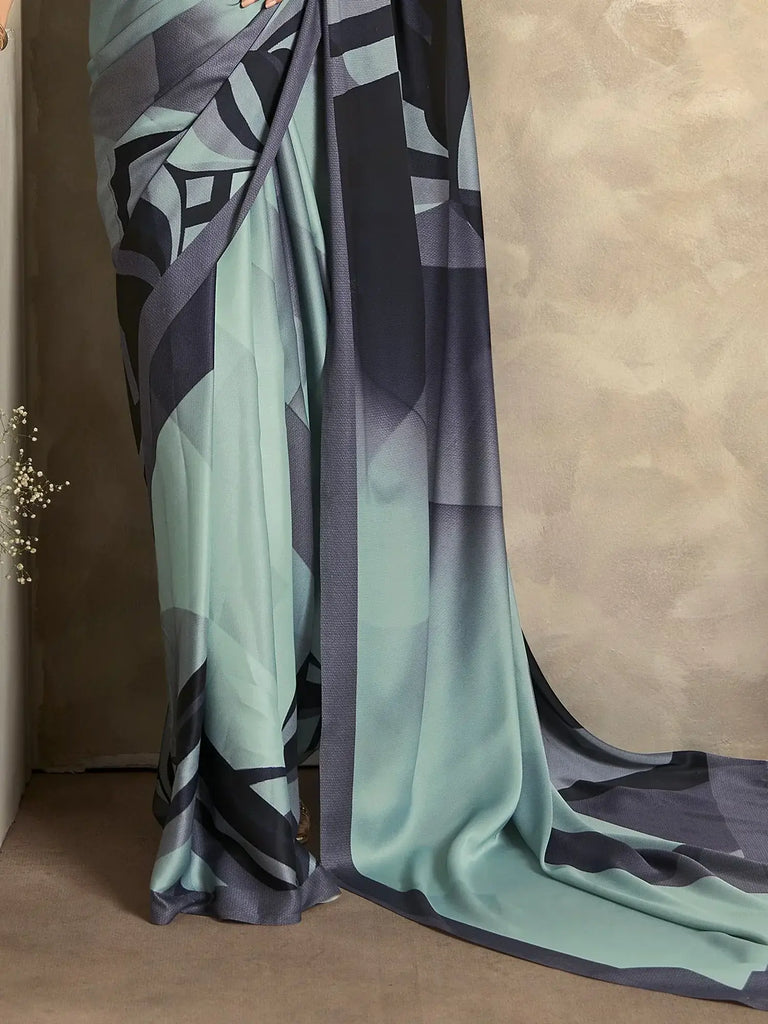 Wonderful Sky-Blue Digital Printed Satin Party Wear Saree With Blouse