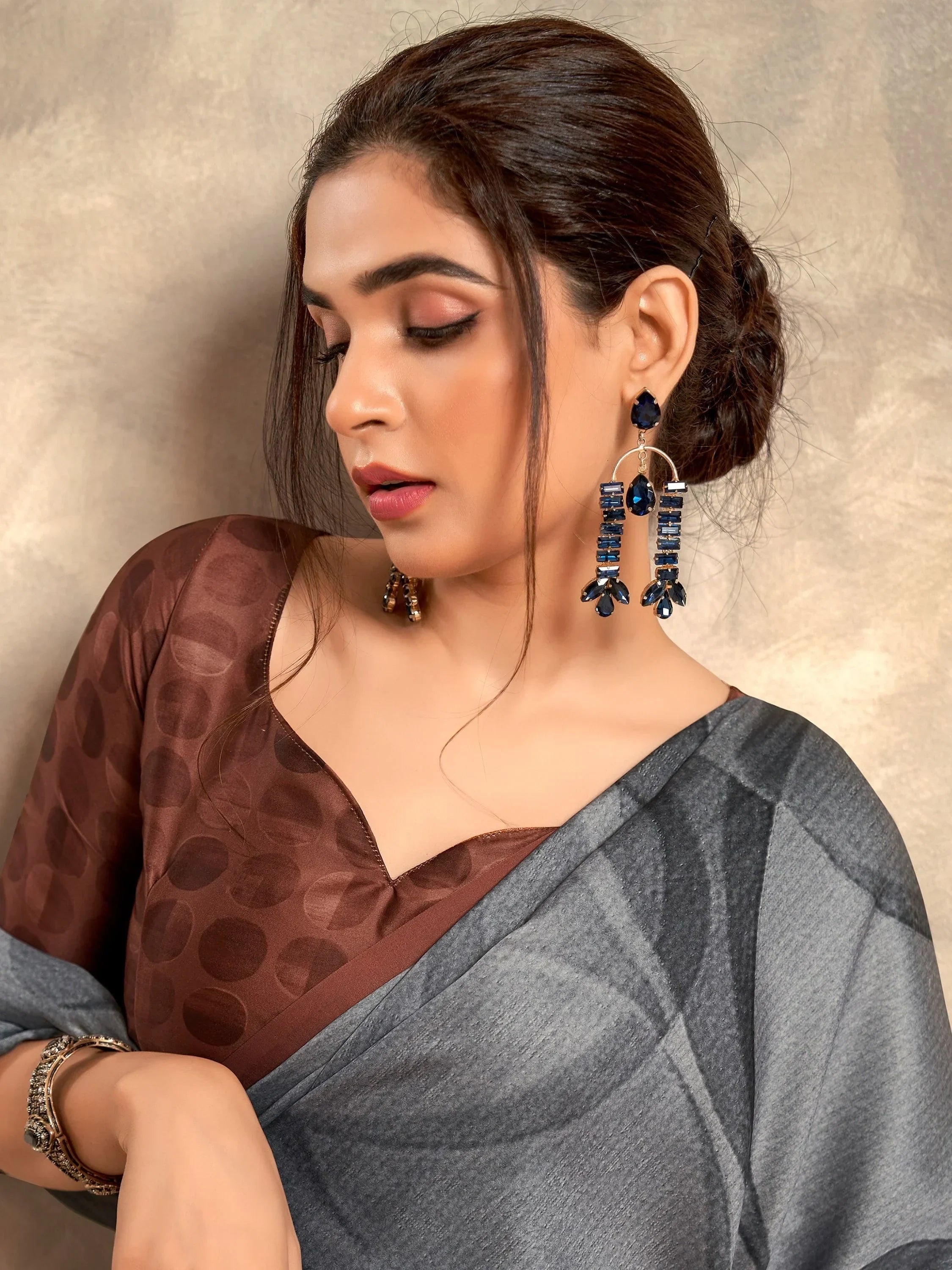 Excellent Grey Digital Printed Satin Casual Wear Saree With Blouse