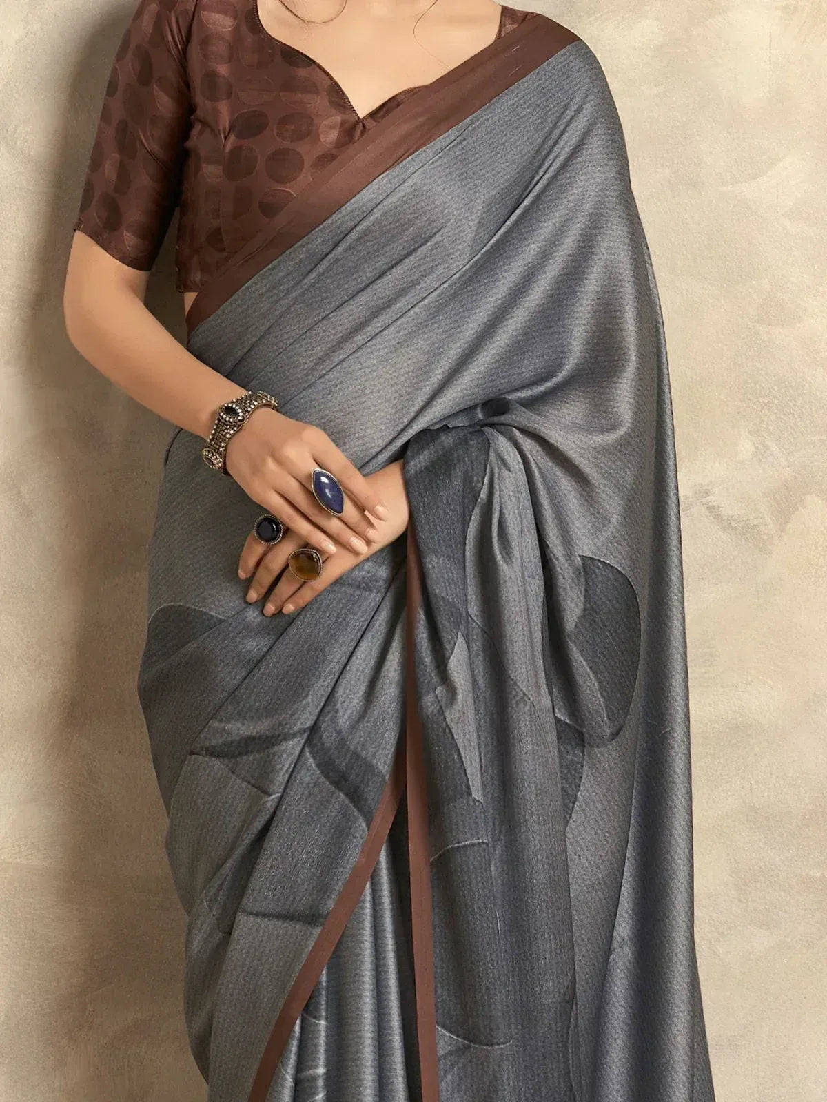 Grey satin saree with brown border and polka dot blouse, elegant Indian ethnic wear