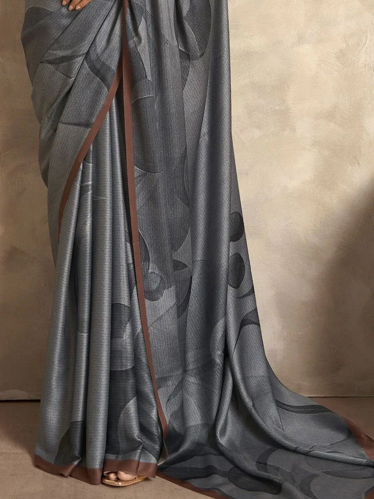 Excellent Grey Digital Printed Satin Casual Wear Saree With Blouse