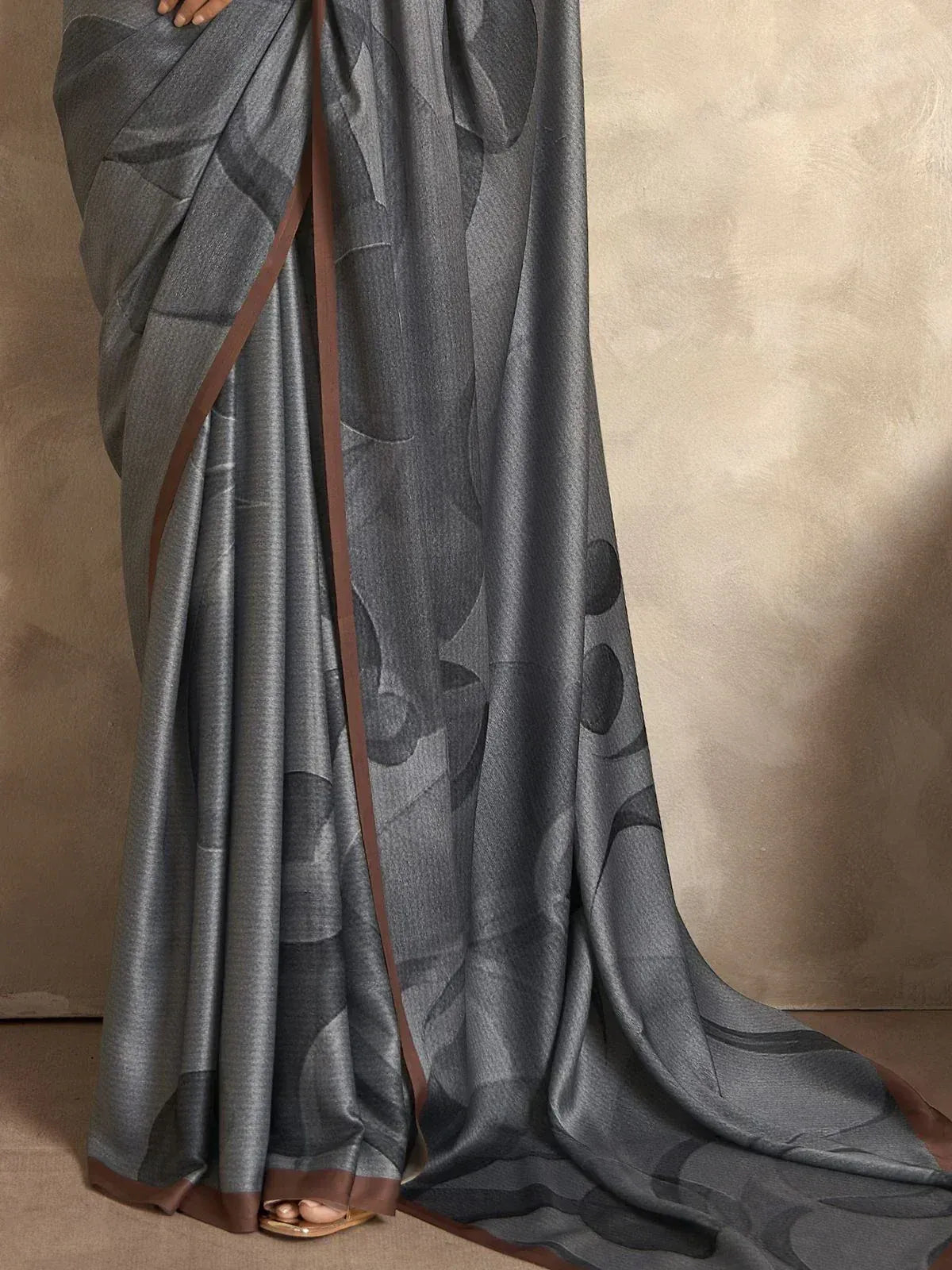 Grey printed saree with brown border, elegant ethnic wear for women