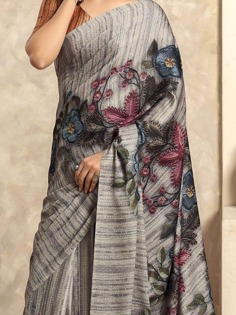 Marvelous Grey Floral Printed Satin Office Wear Saree With Blouse