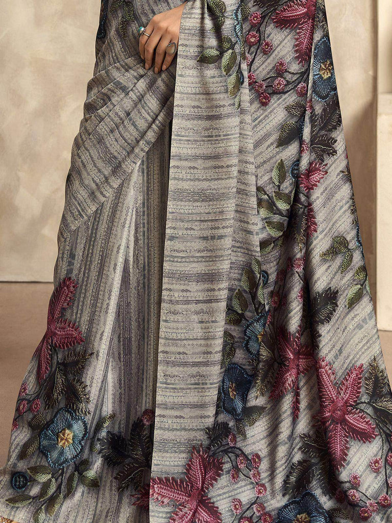 Marvelous Grey Floral Printed Satin Office Wear Saree With Blouse