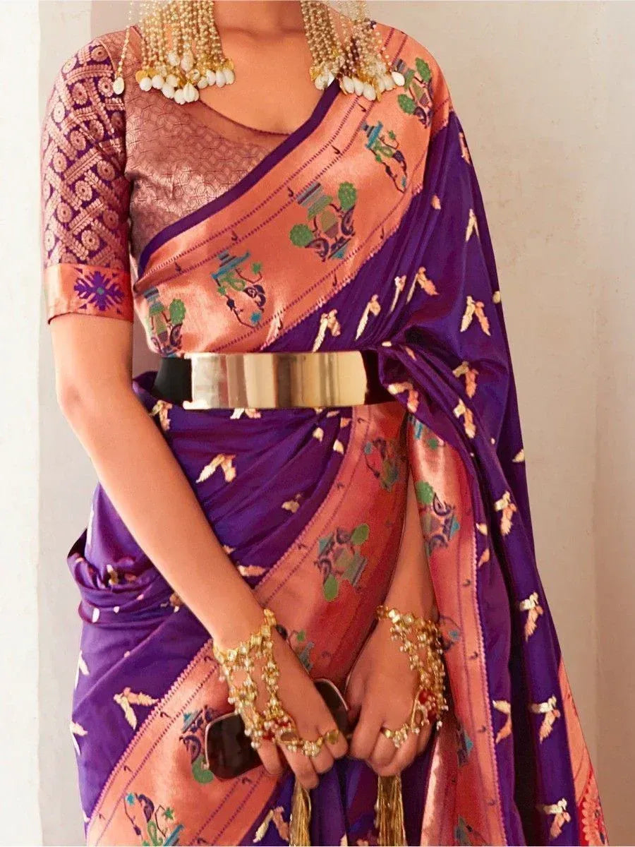 Purple and peach printed saree with gold jewelry, perfect for Indian ethnic wear occasions