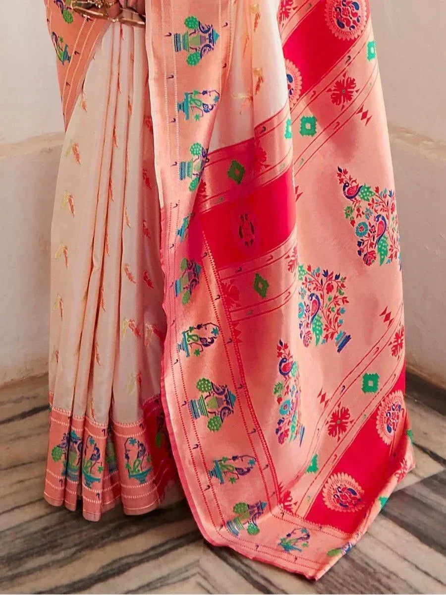 Peach printed saree with peacock & floral motifs, ethnic Indian wear for festive occasions