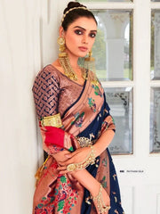 Awesome Navy Blue Zari Woven Silk Festival Wear Saree With Blouse