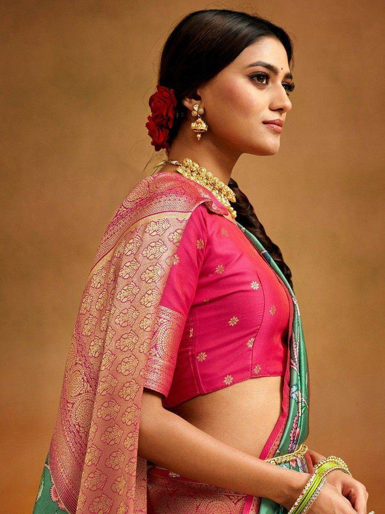 Stunning Green Kalamkari Printed Banarasi Silk Saree With Blouse
