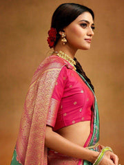 Stunning Green Kalamkari Printed Banarasi Silk Saree With Blouse