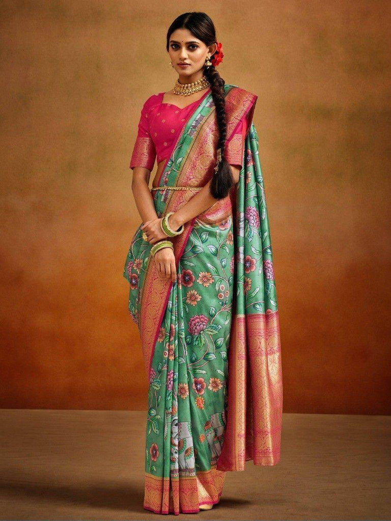 Stunning Green Kalamkari Printed Banarasi Silk Saree With Blouse