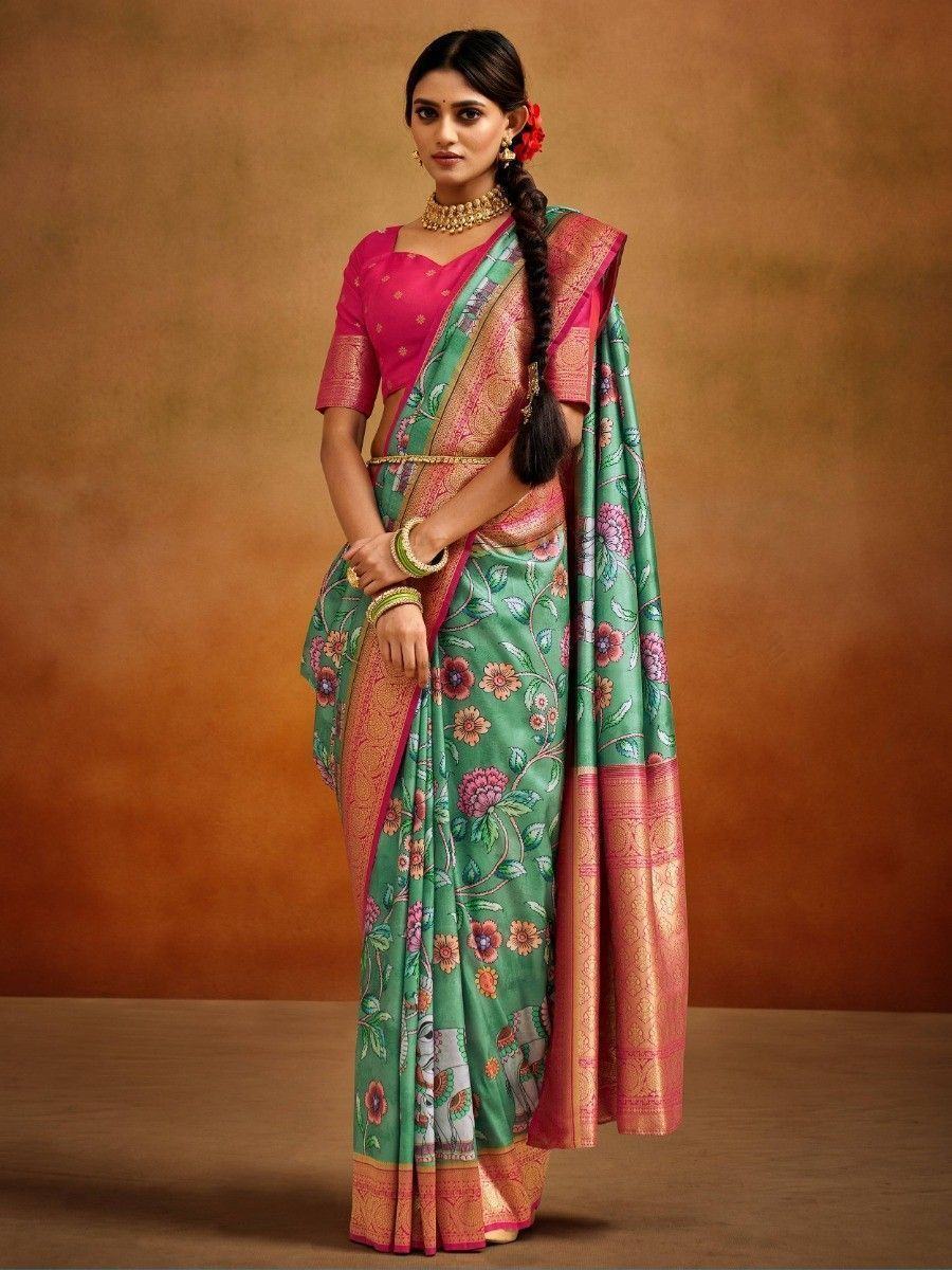 Green floral saree with pink blouse and gold border, Indian ethnic wear for women