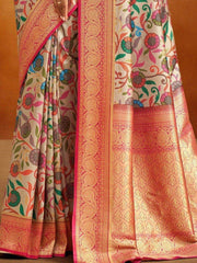 Incredible Off-White Kalamkari Printed Banarasi Silk Wedding Wear Saree