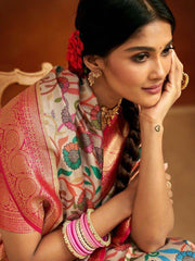 Incredible Off-White Kalamkari Printed Banarasi Silk Wedding Wear Saree