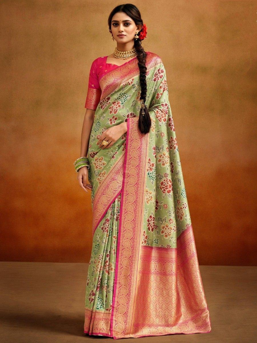 Green floral saree with pink border and blouse, traditional Indian ethnic wear for women
