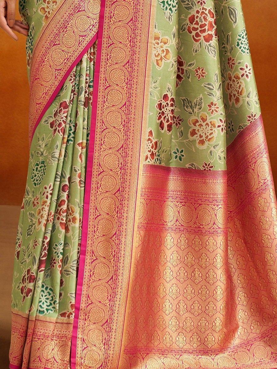 Green floral print saree with pink gold border, ethnic Indian wear