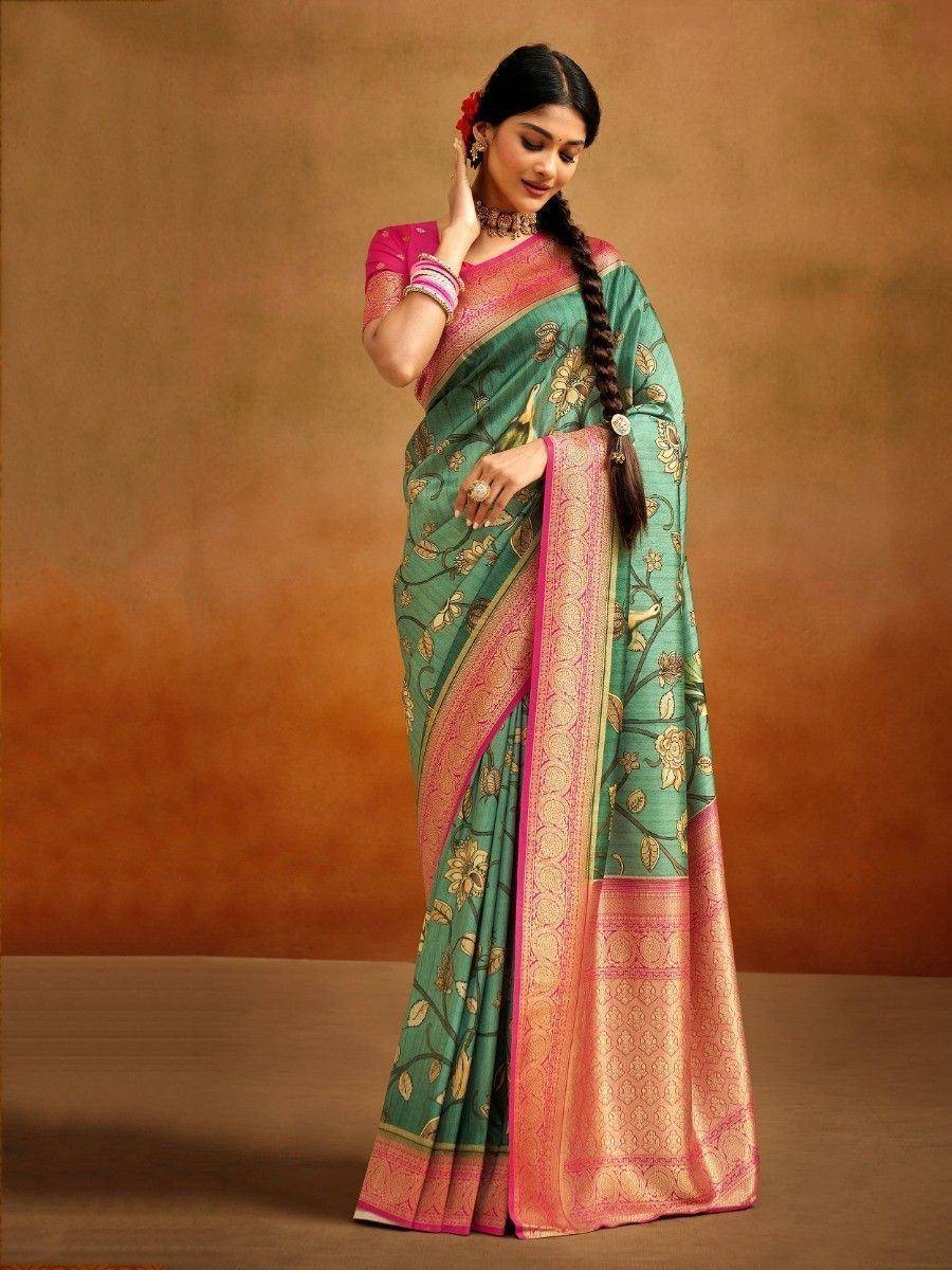 Green floral saree with pink border, ethnic Indian wear for women, designer saree with blouse