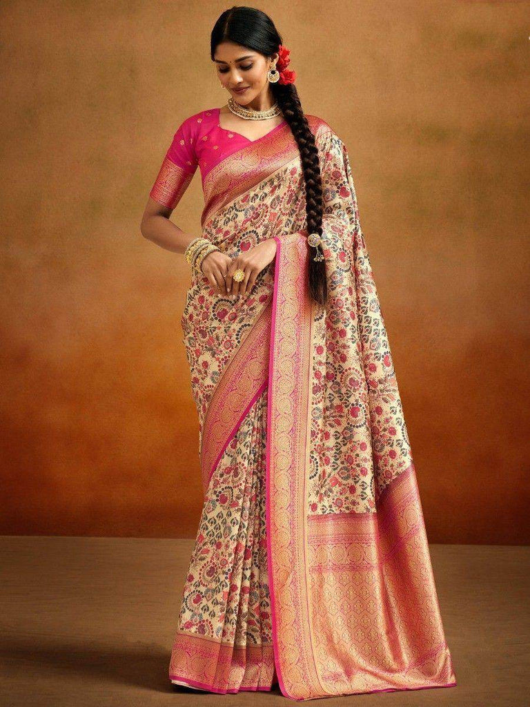 Outstanding Beige Kalamkari Printed Banarasi Silk Saree With Blouse