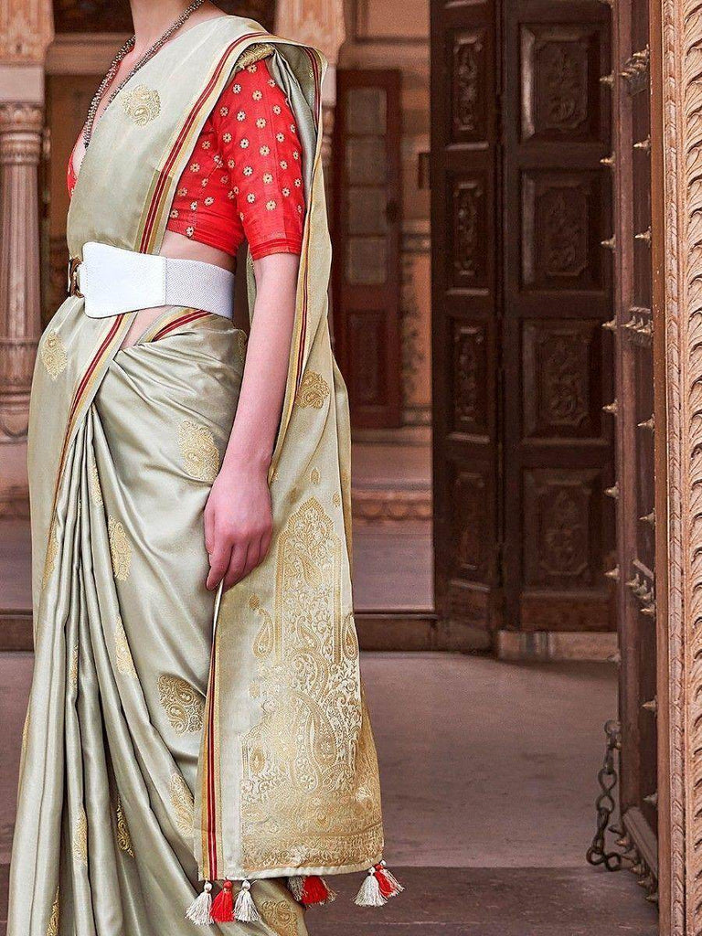 Fantastic Sage Green Zari Woven Satin Festival Wear Saree With Blouse