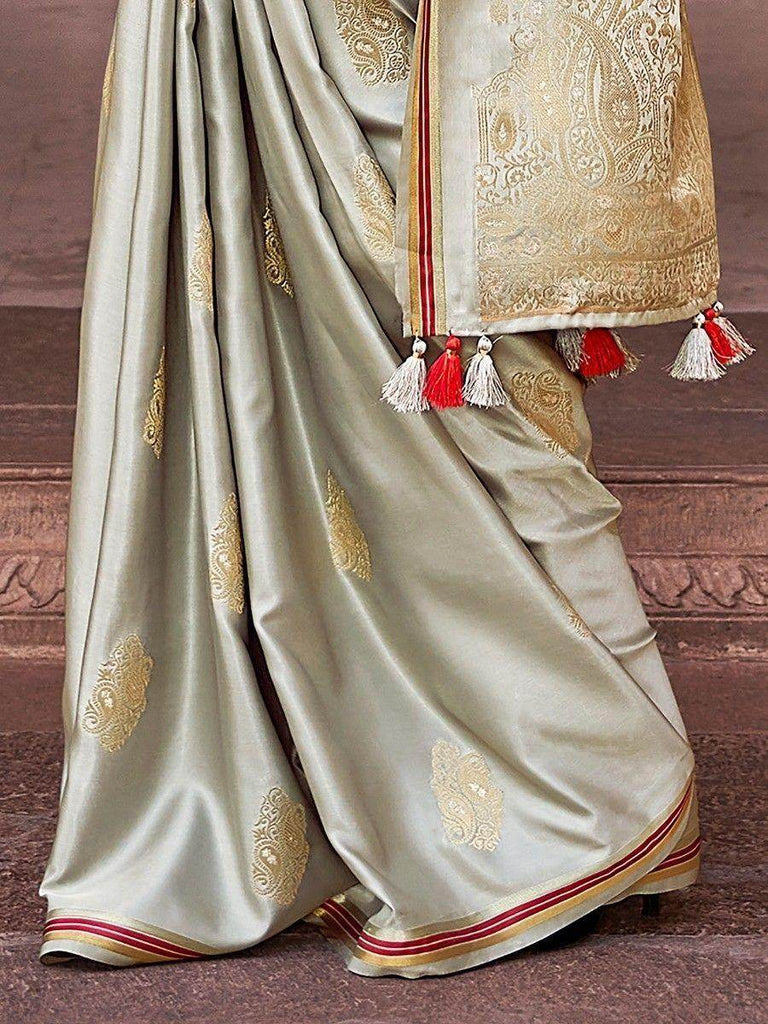 Fantastic Sage Green Zari Woven Satin Festival Wear Saree With Blouse