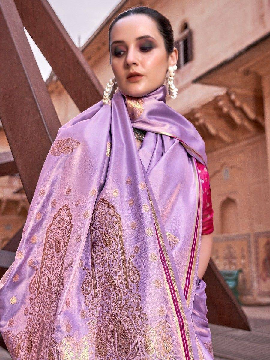 Lavender ethnic dupatta with gold paisley print, paired with pink blouse for traditional Indian wear
