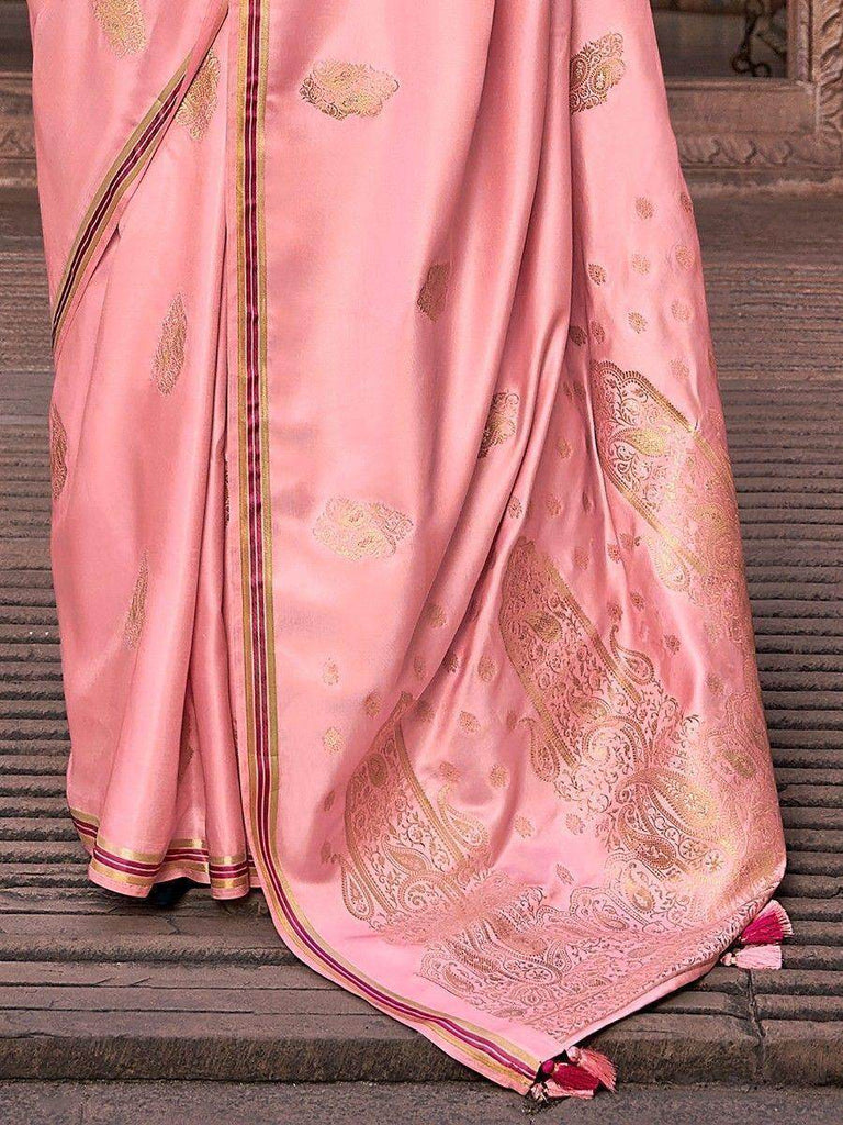 Awesome Pink Zari Woven Satin Wedding Wear Saree With Blouse