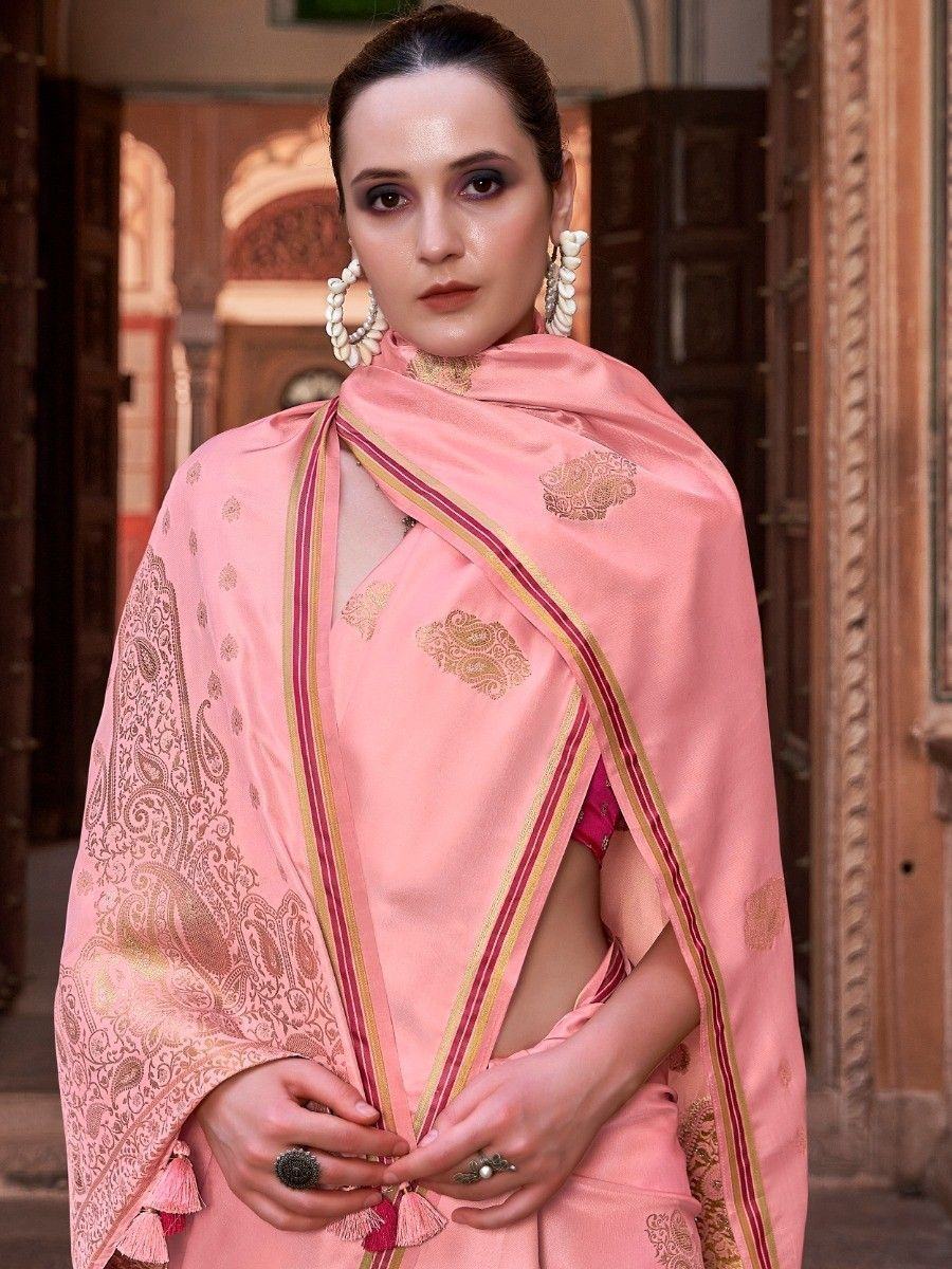 Awesome Pink Zari Woven Satin Wedding Wear Saree With Blouse