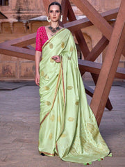 Amazing Pista Green Zari Weaving Satin Reception Wear Saree