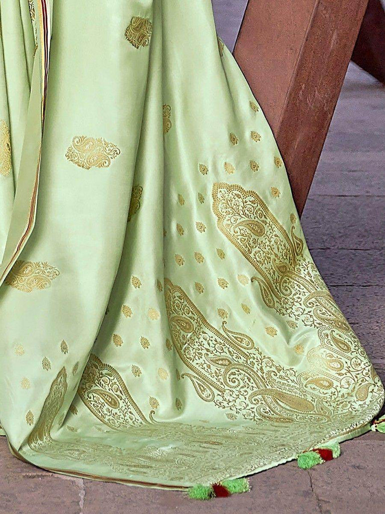 Amazing Pista Green Zari Weaving Satin Reception Wear Saree