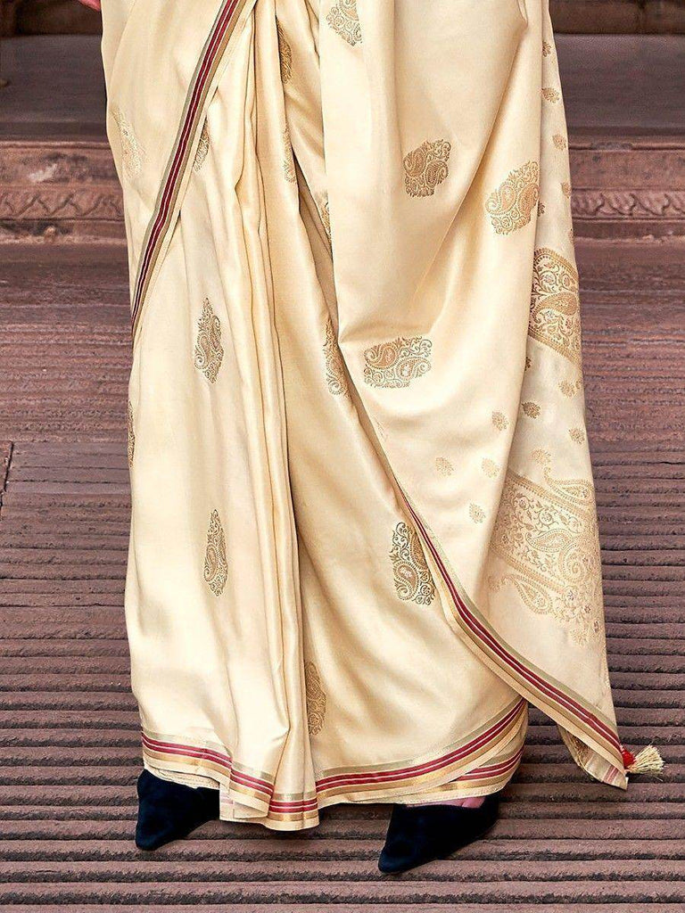 Memorable Beige Zari Weaving Satin Traditional Saree With Blouse