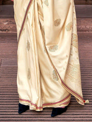 Memorable Beige Zari Weaving Satin Traditional Saree With Blouse