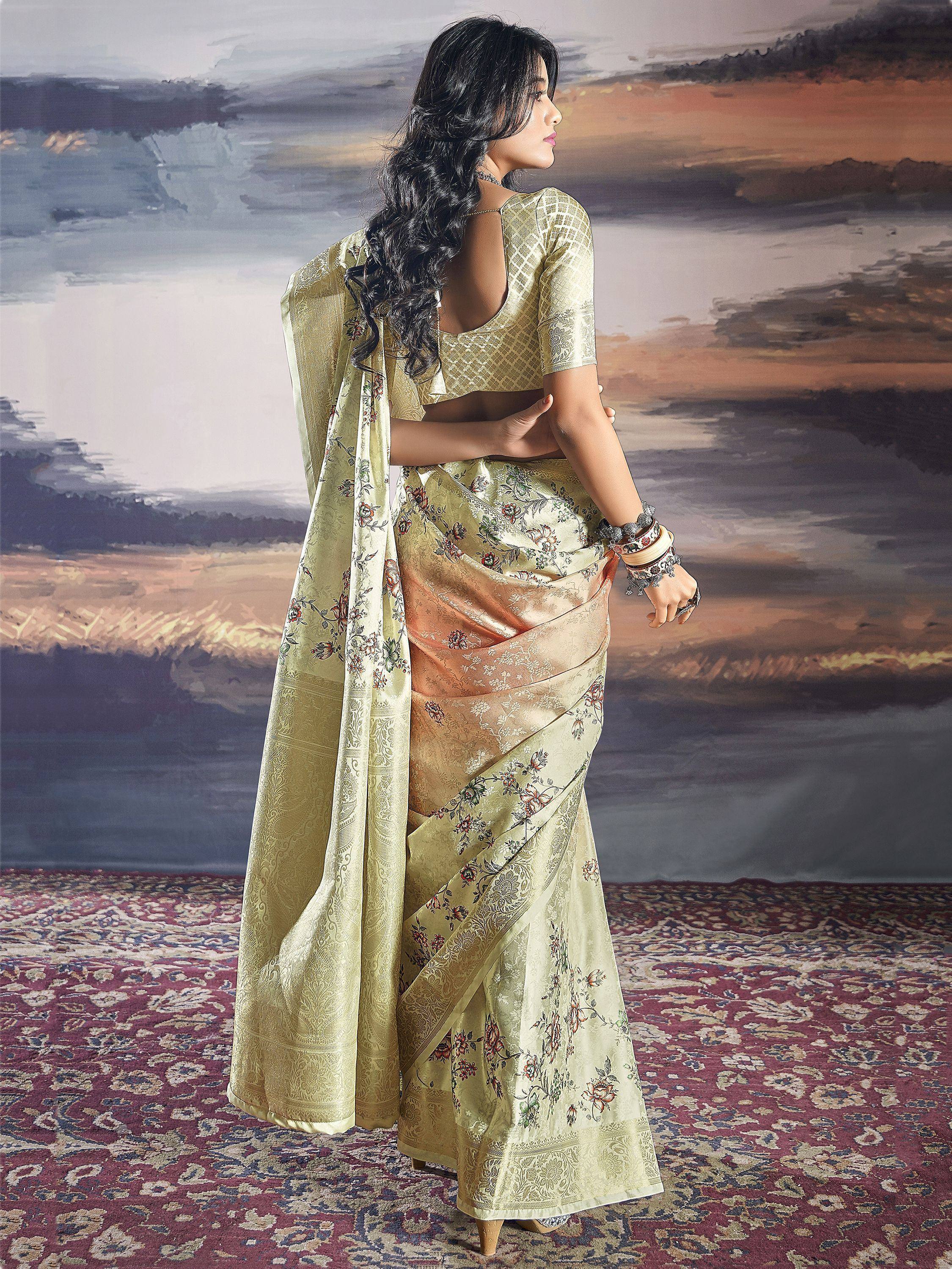 Elegant floral print saree with gold blouse, perfect for Indian ethnic wear occasions