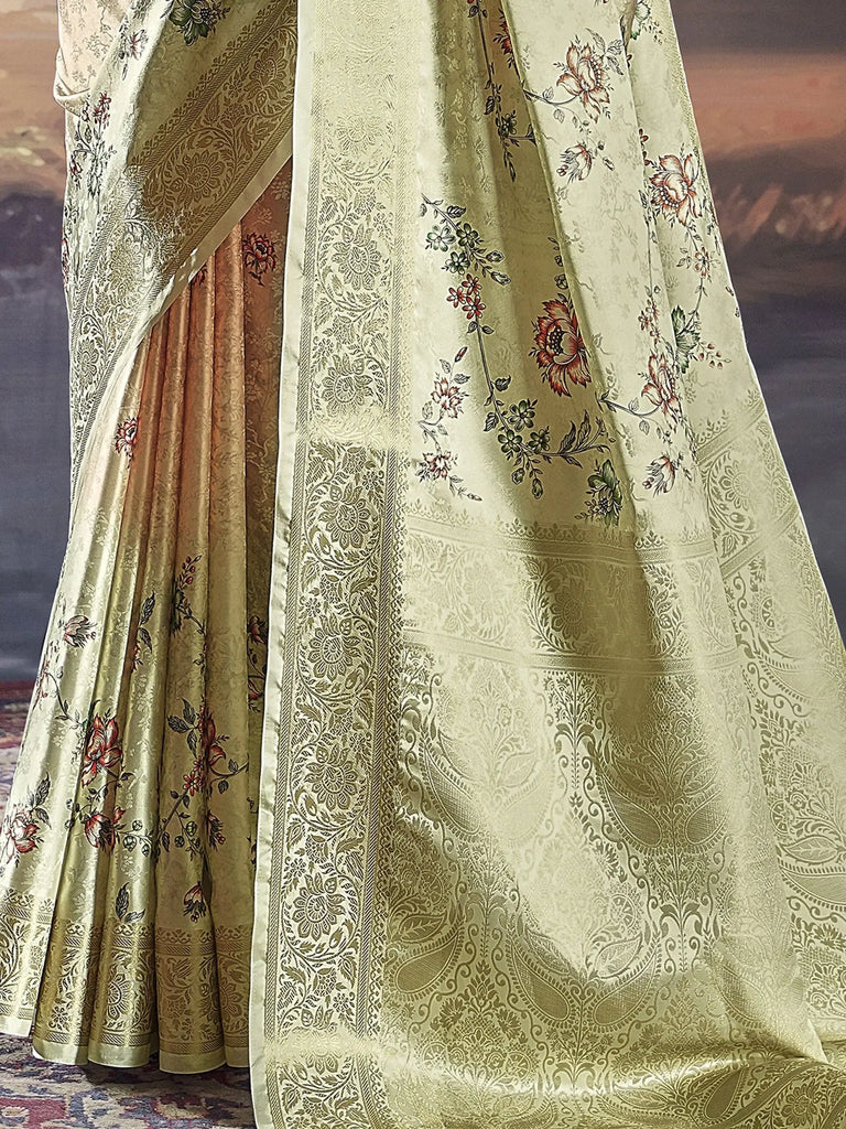 Charming Pista Green Zari Weaving Satin Event Wear Saree With Blouse