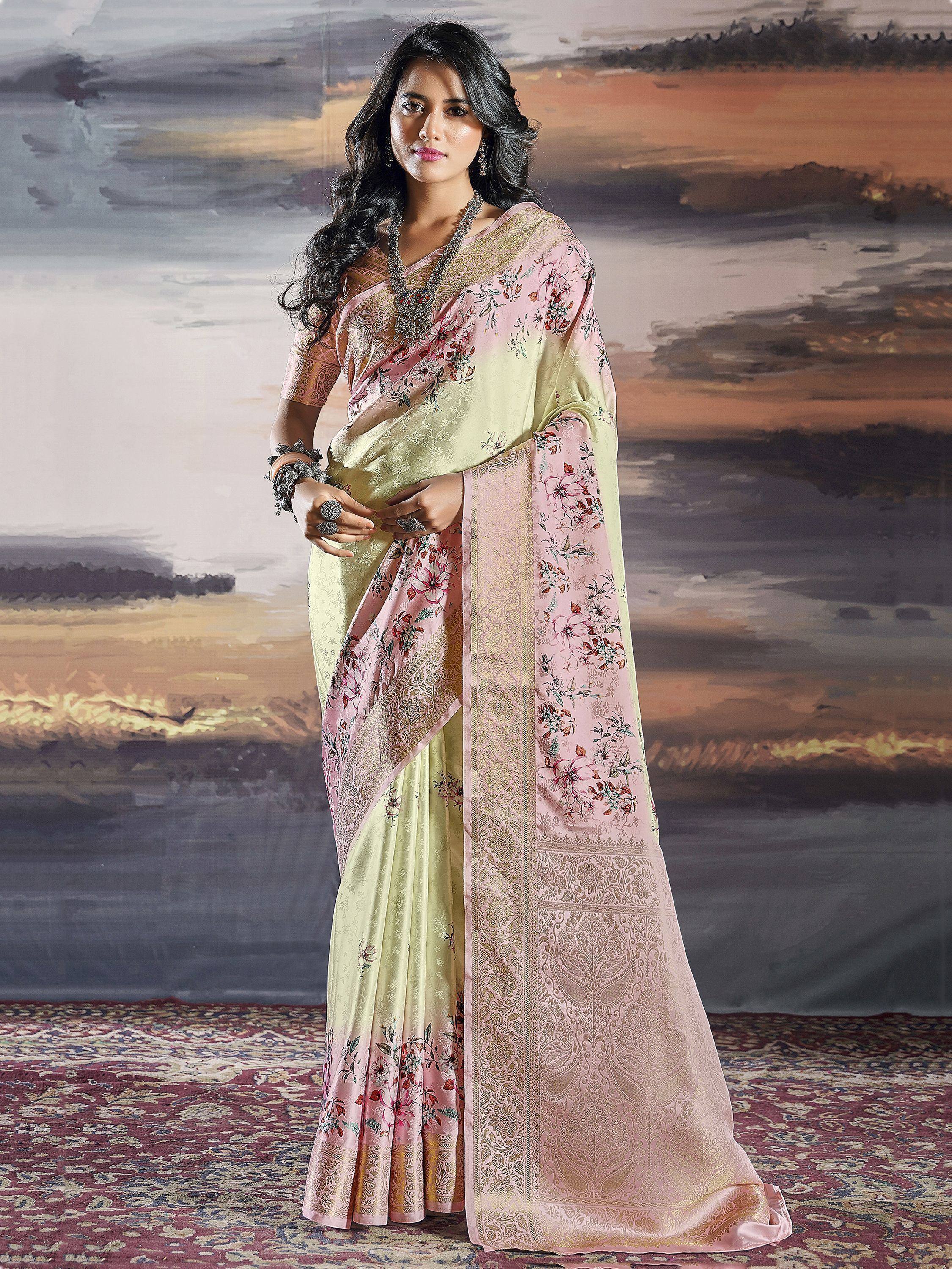 Elegant pink and green floral saree with gold embroidery, perfect for Indian ethnic occasions