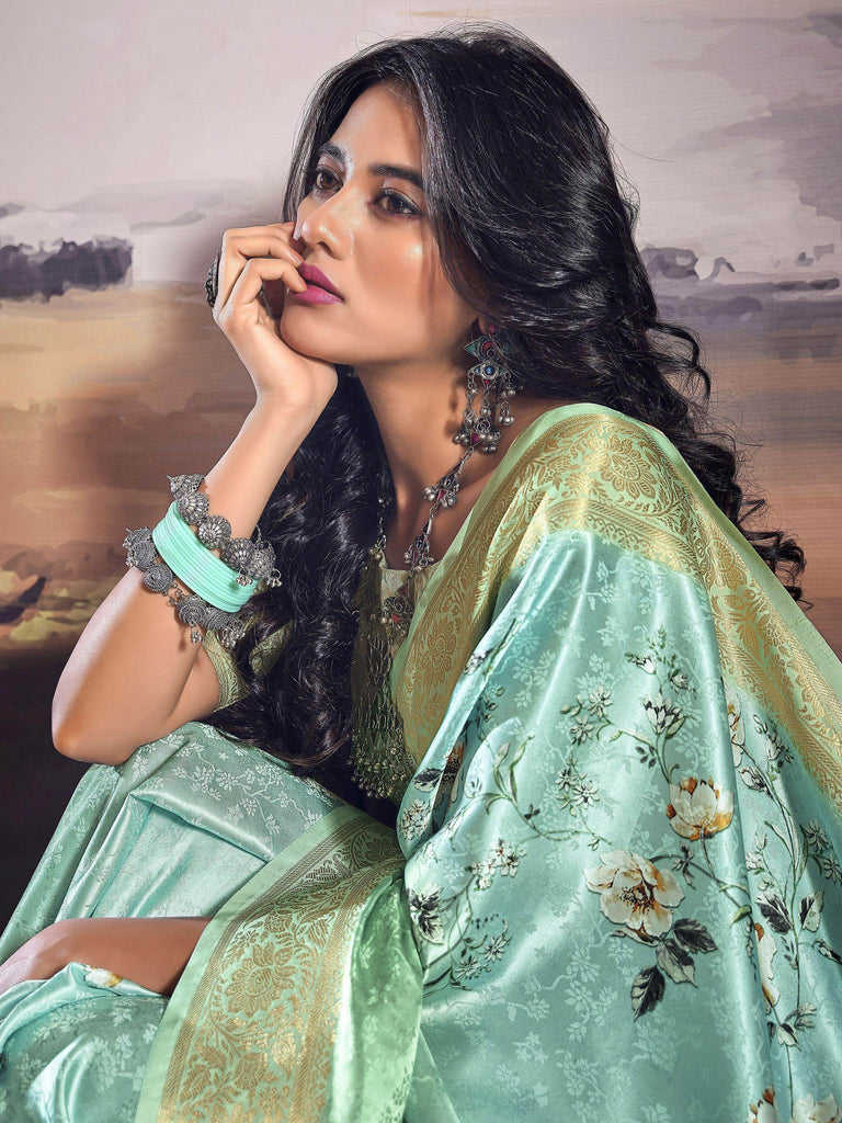 Glamorous Sea Green Zari Weaving Satin Traditional Saree With Blouse