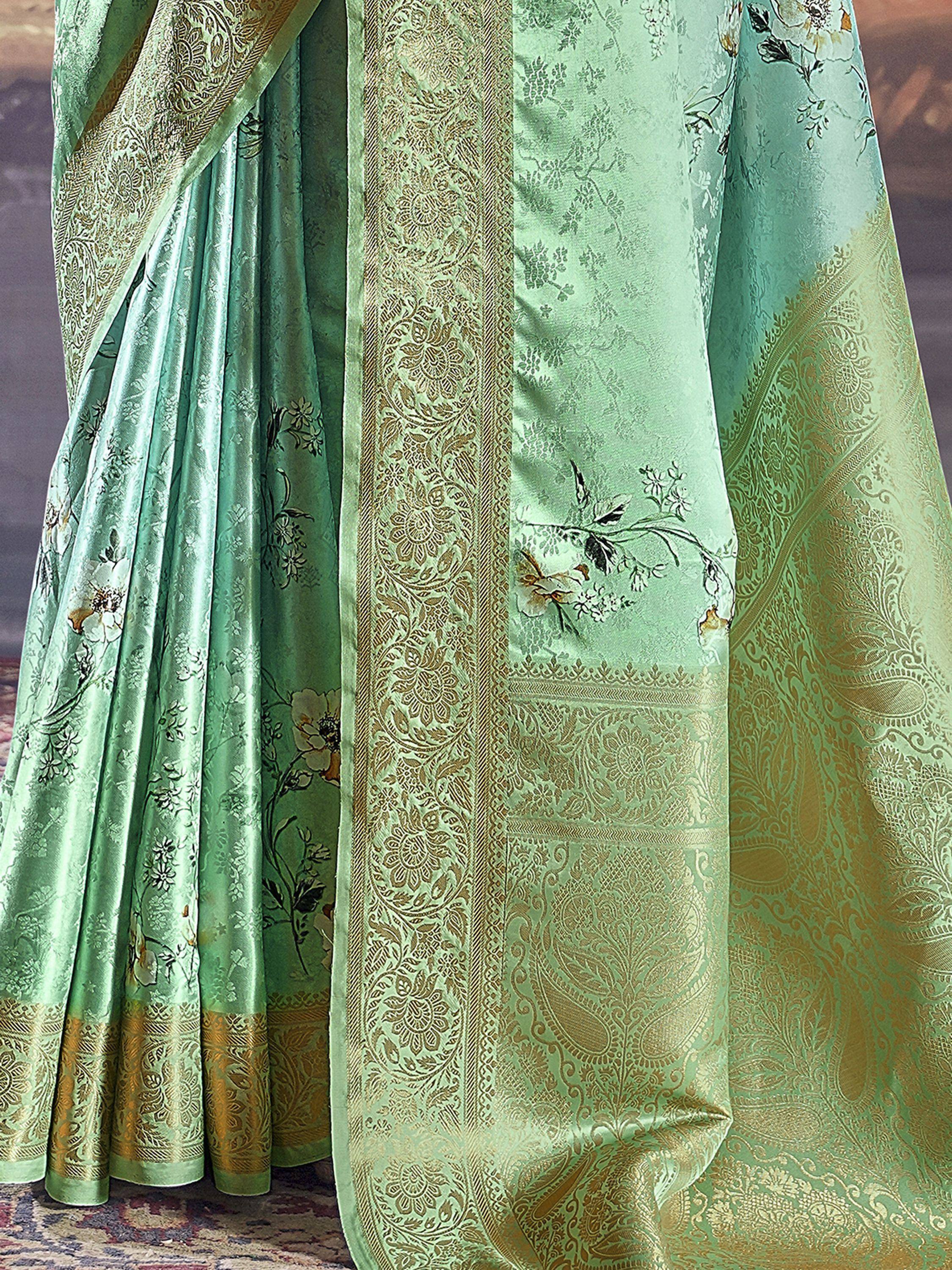 Mint green floral saree with gold zari border, Indian ethnic wear