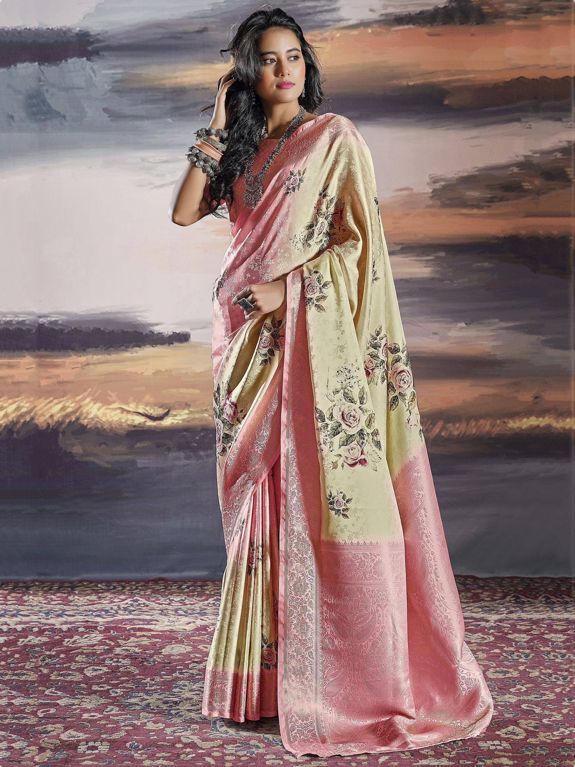 Pink and cream floral printed saree with intricate embroidery, perfect for Indian ethnic wear occasions