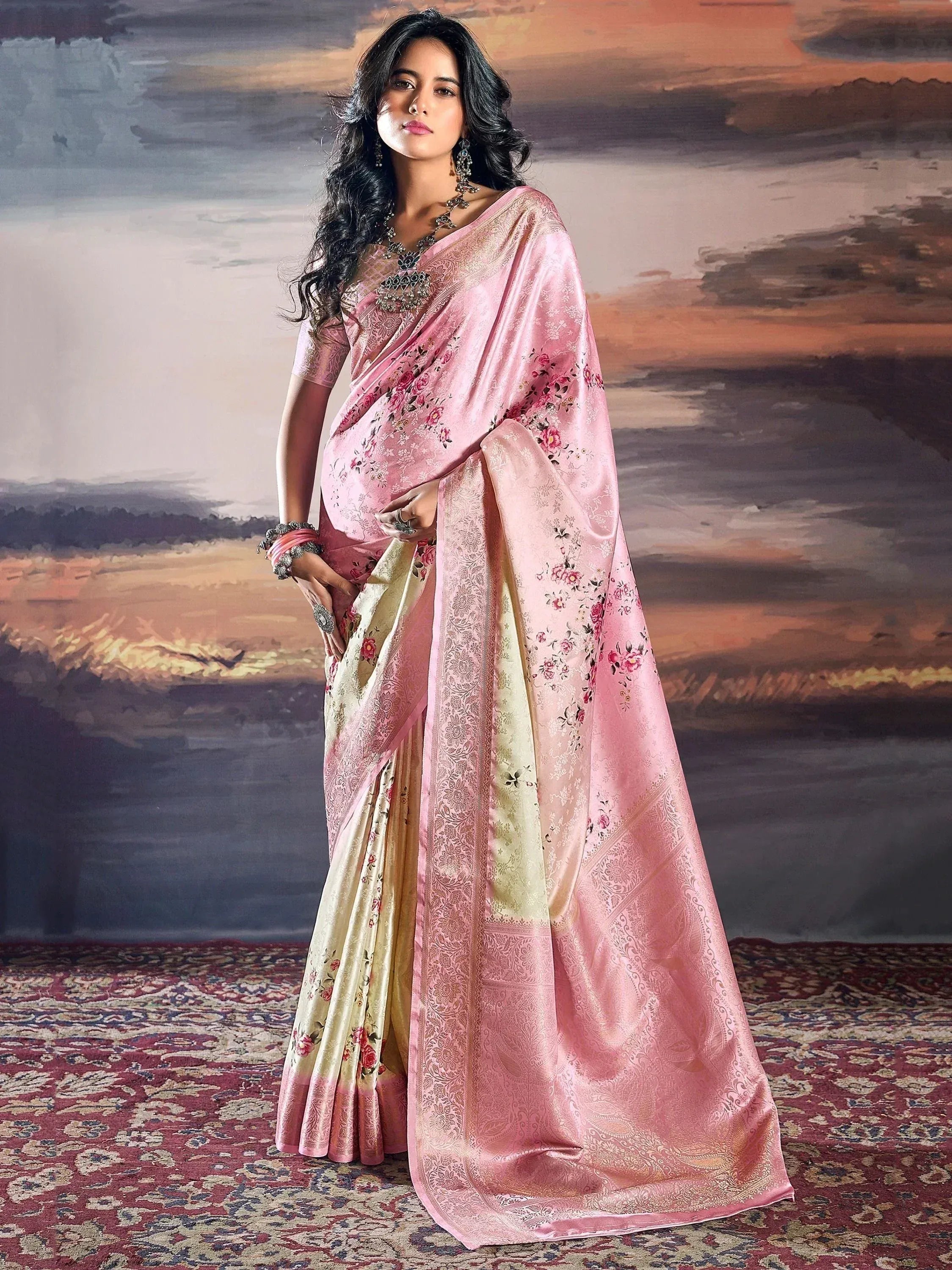 Pink floral designer saree with gold border, elegant Indian ethnic wear for women