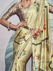 Alluring Pastel Yellow Floral Printed Satin Party Wear Saree With Blouse