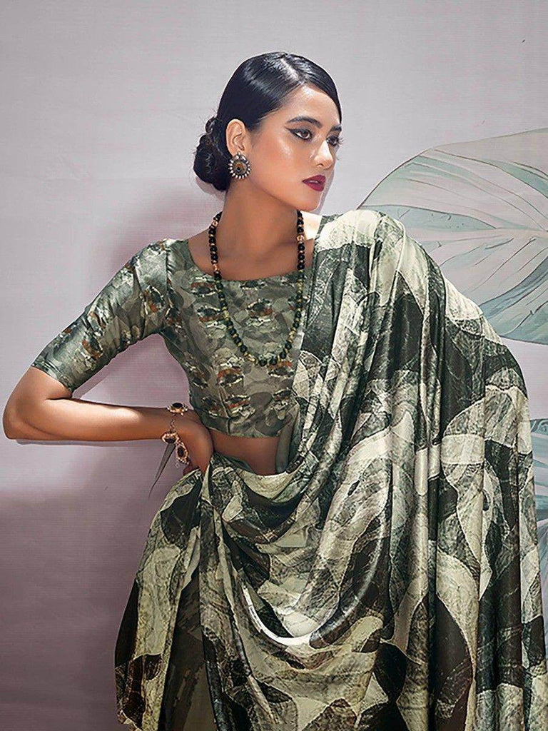 Glamorous Black & White Digital Printed Satin Event Wear Saree