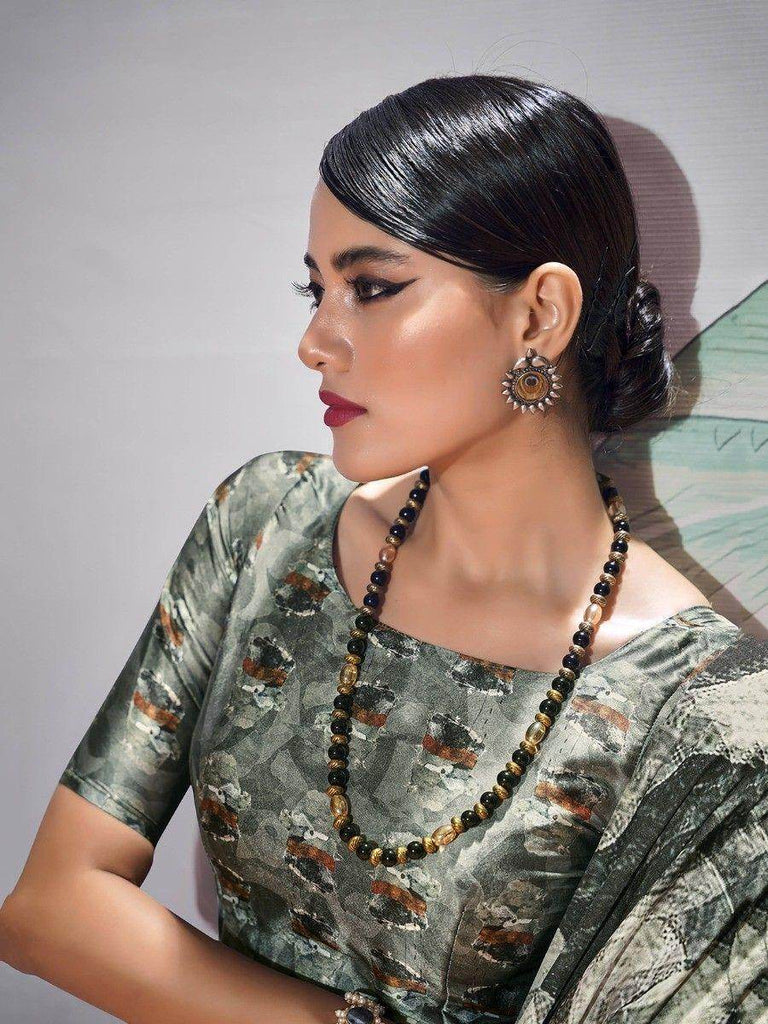 Glamorous Black & White Digital Printed Satin Event Wear Saree