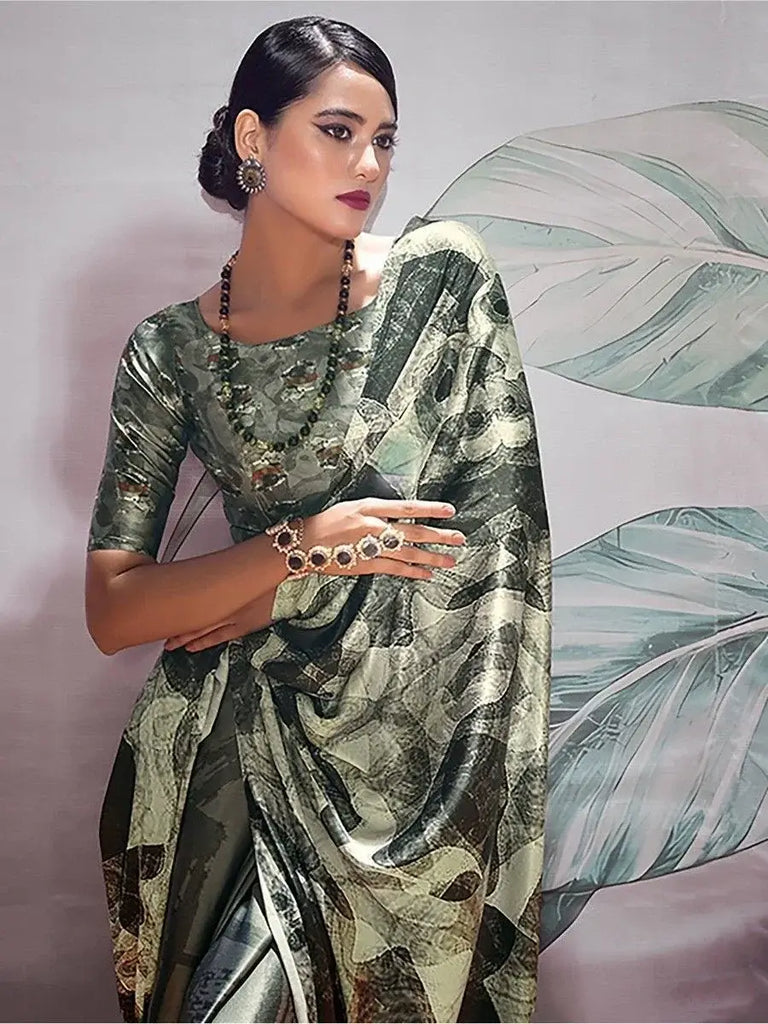 Glamorous Black & White Digital Printed Satin Event Wear Saree