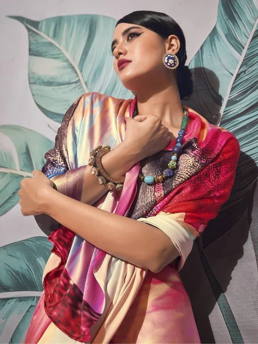Woman in vibrant Indian ethnic wear with colorful dupatta and statement jewelry, styled for festive occasions