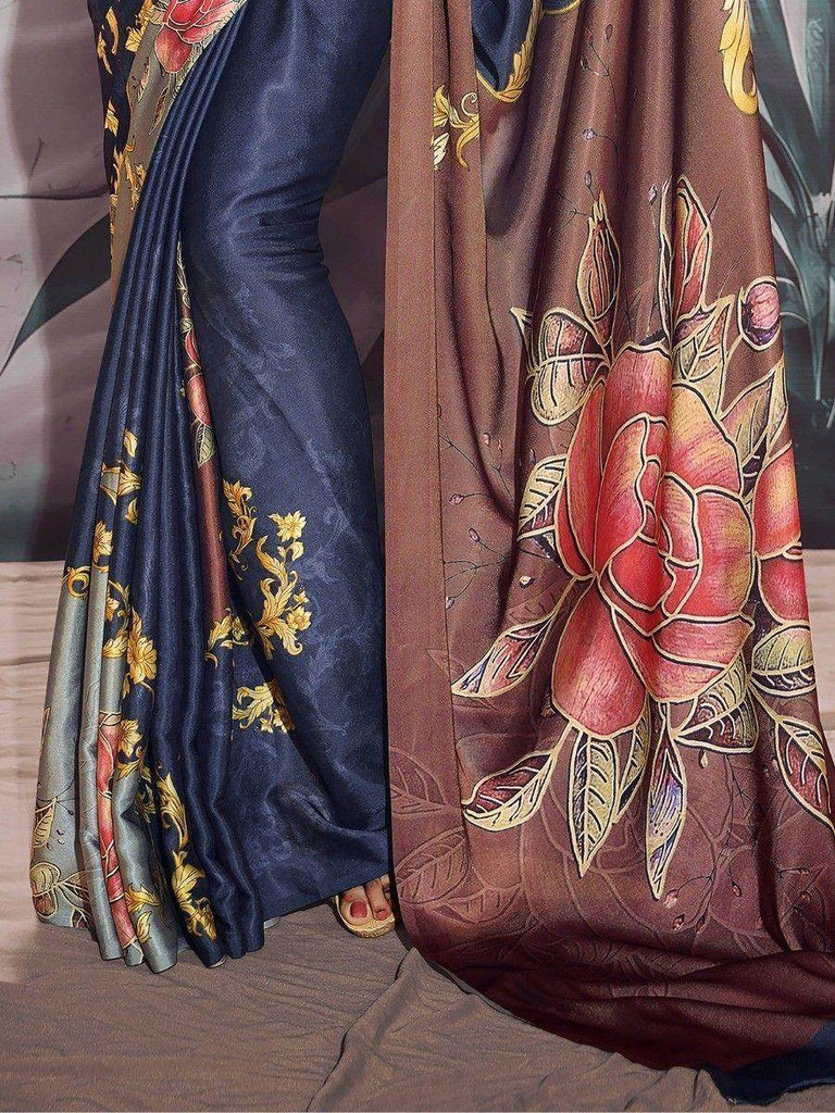 Adorable Navy-Blue Floral Printed Satin Party Wear Saree With Blouse