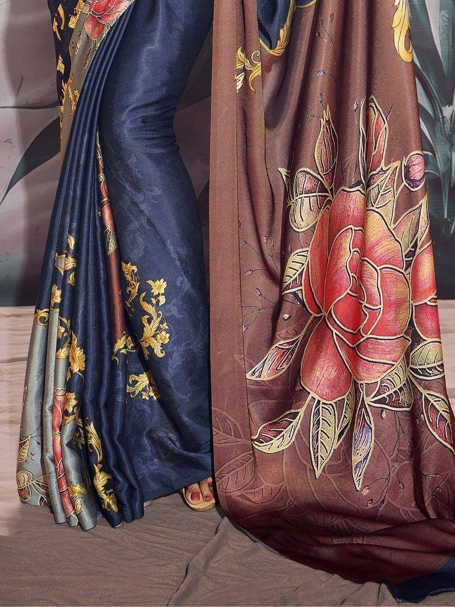 Elegant navy and brown floral print saree with golden embroidery, perfect for ethnic occasions