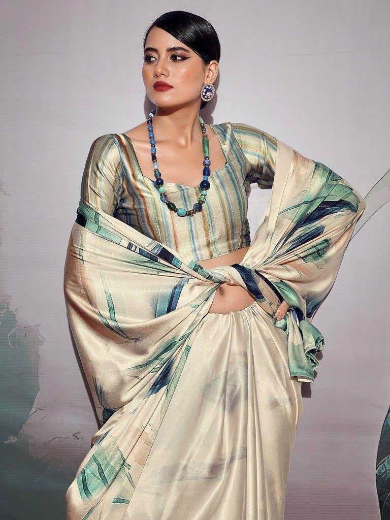 Lovable Off-White Digital Printed Satin Festival Wear Saree With Blouse