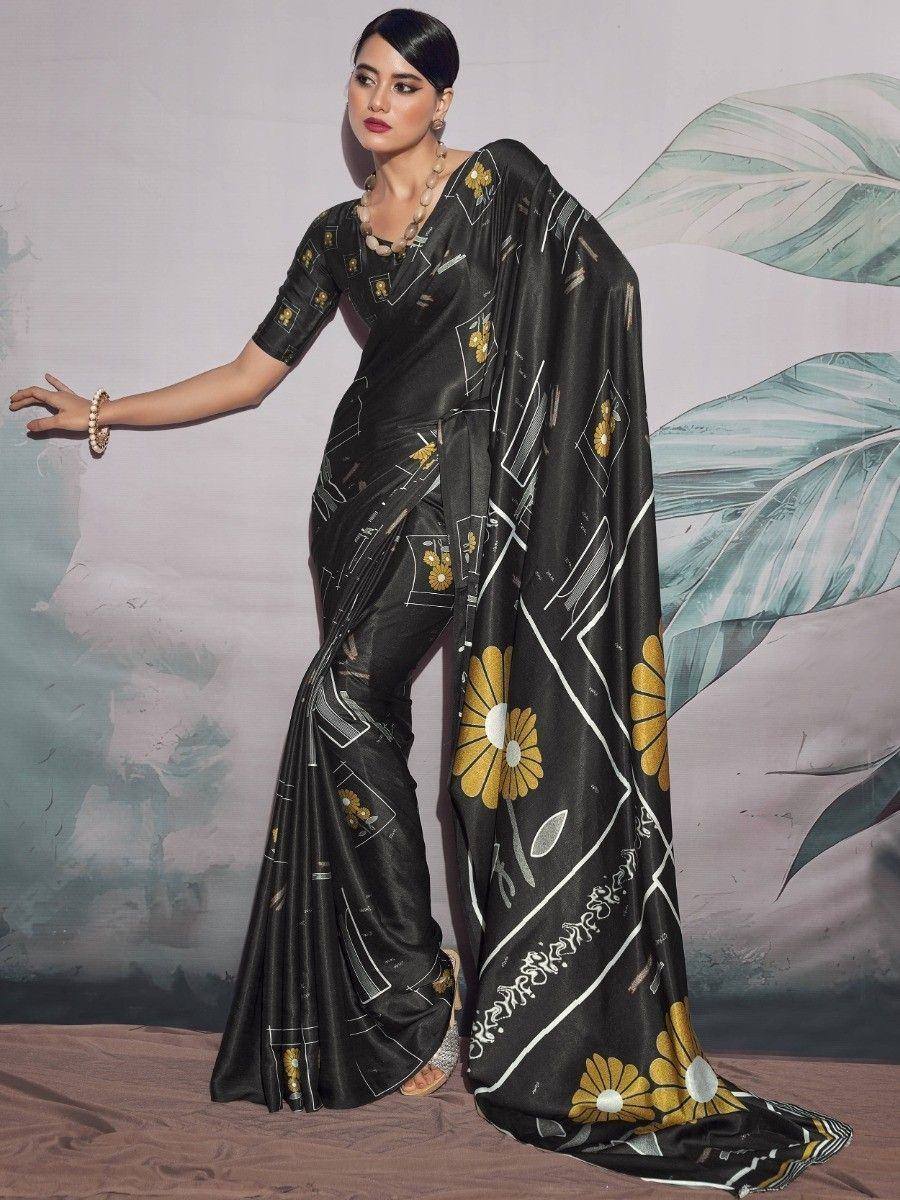 Black saree with gold floral print, stylish Indian ethnic wear for women