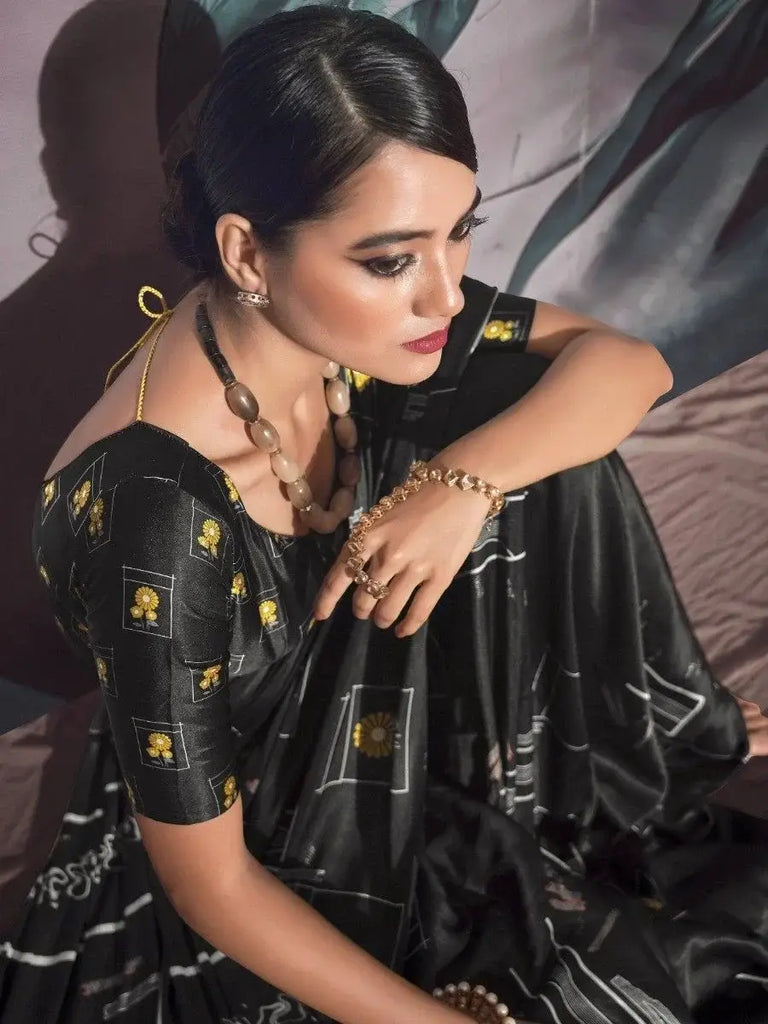 Mesmerizing Black Floral Printed Satin Event Wear Saree With Blouse